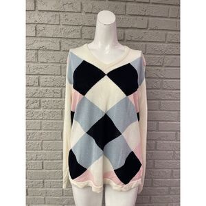 Astra Classic Ivory Argyle Fine Knit Long Sleeve Sweater Size XL